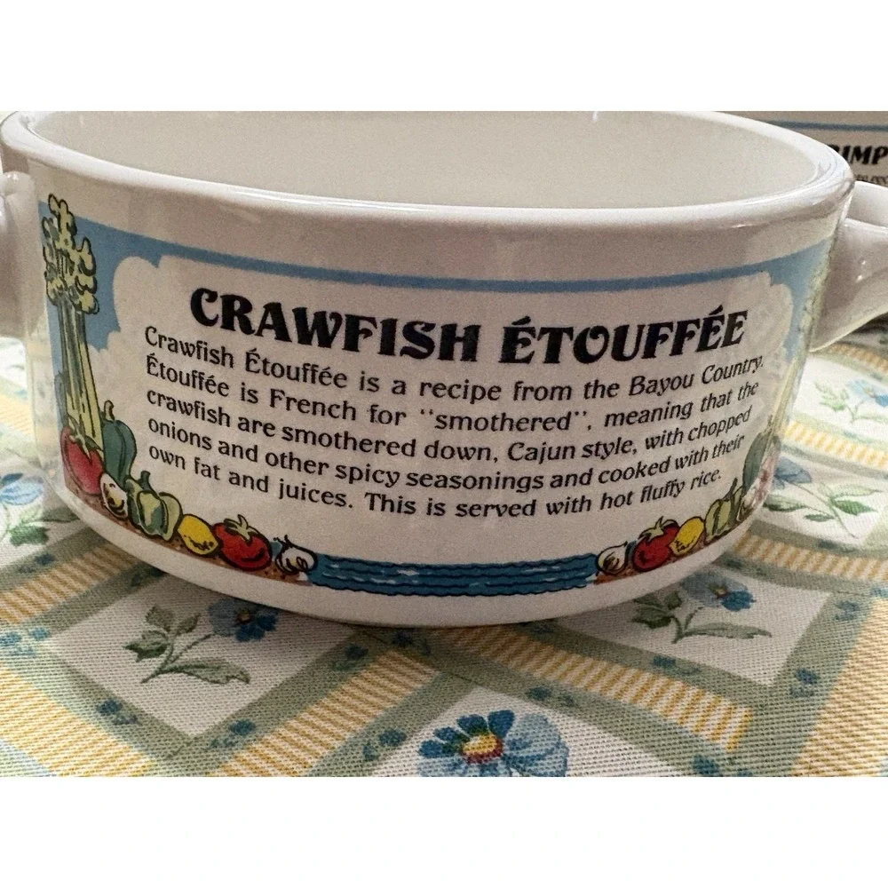 Shrimp Creole, Crab Bisque, Crawfish Étouffée, Gumbo 4 Two Handle Bowls 1990